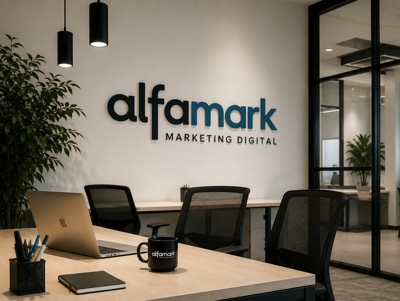 Espacio de trabajo con el logotipo de Alfamark